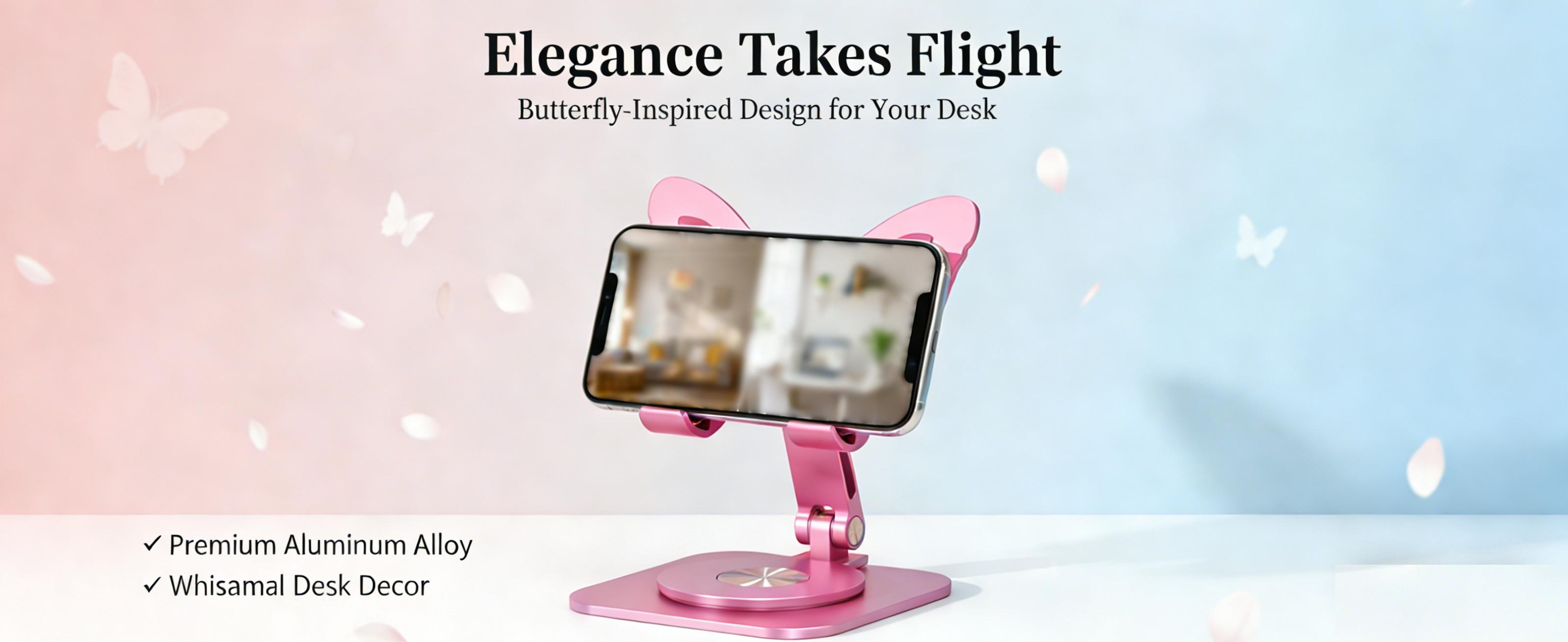 Butterfly-Shaped Aluminium Adjustable Holder, 360° Rotatable Foldable Multifunctional Phone Caddy with Height & Angle Adjustment, Anti-Slip Surface Universal Dock for Phones & Tablets, Portable Desktop Gadget for Dorm & Office Use Butterfly-Shaped Aluminium Adjustable Holder, 360° Rotatable Foldable Multifunctional Phone Caddy with Height & Angle Adjustment, Anti-Slip Surface Universal Dock for Phones & Tablets, Portable Desktop Gadget for Dorm & Office Use