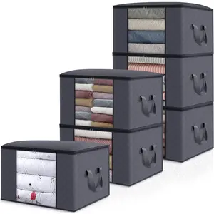 Clothes Storage Bags, Large Capacity Blanket Storage Containers Organizers for Comforters, Bedding, Foldable 3 Layer Fabric, Sturdy Zippers, Reinforced Handle,Clear Window,(Grey, 6 x 100L)