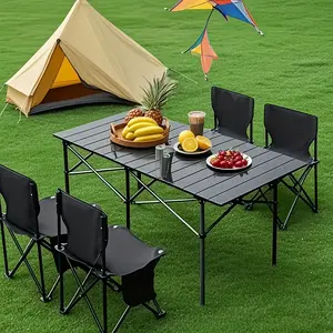 This portable and lightweight folding table, complete with a mesh bag and storage bag, is perfect for backpacking trips, barbecues, picnics, beach outings, and garden parties. Modern striped design, folding camping table.