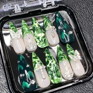 Green Marble Rhinestone Press On Nails with Elegant Design and Crystal Accents in Clear Storage Case Elegance