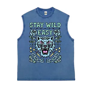 Tattoo Style stay wild easy Acid Washed Sleeveless Tank, Distressed Oversized Muscle Shirt, Activist Streetwear for Men & Women
