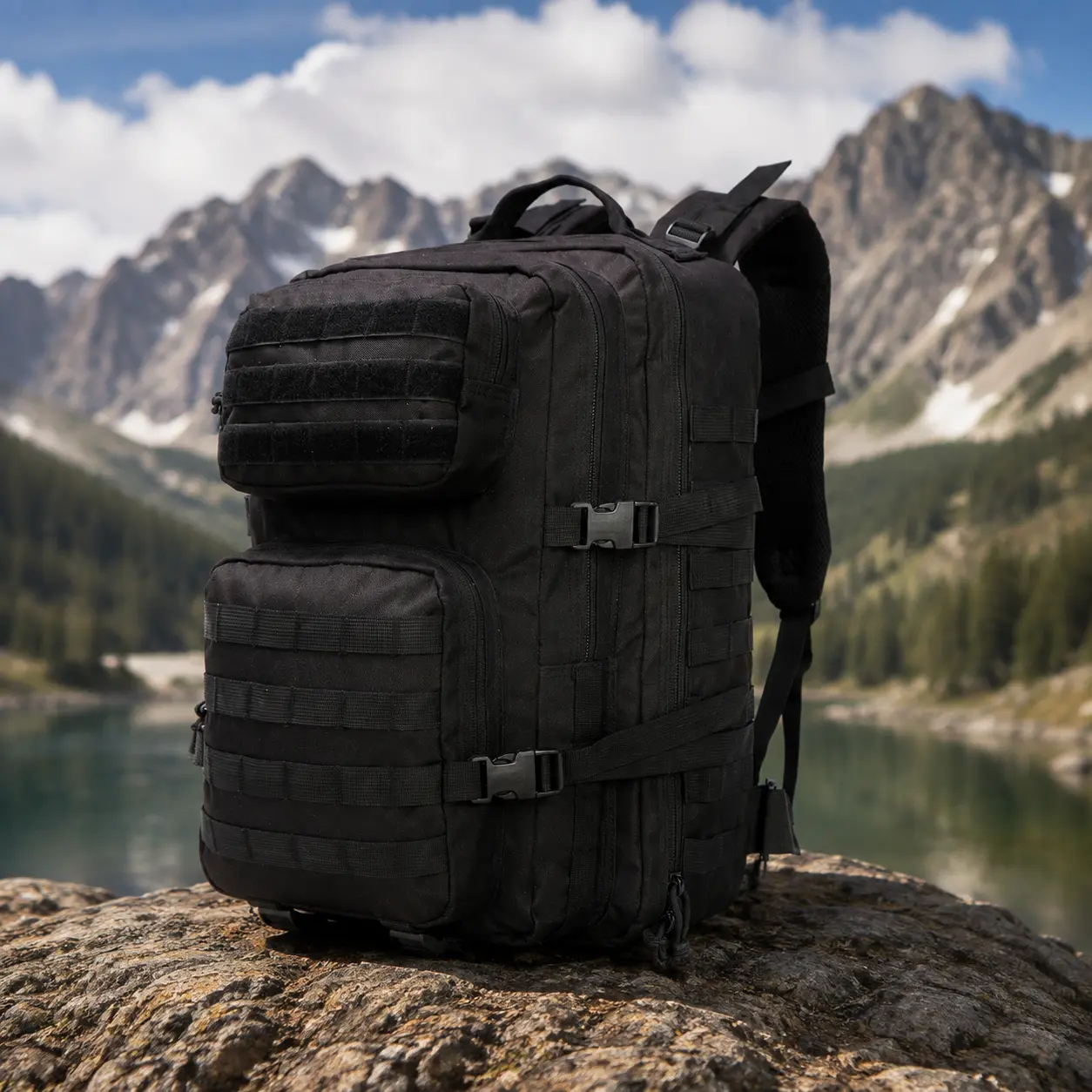 PIONERO 40L Tactical Backpack for Adults - Waterproof High-Density Fabric, Molle Ready, USA Flag Patch, Organized Compartments, Adjustable Shoulder Strap, Hydration Bladder Compatibility for 3-Day Assault Use