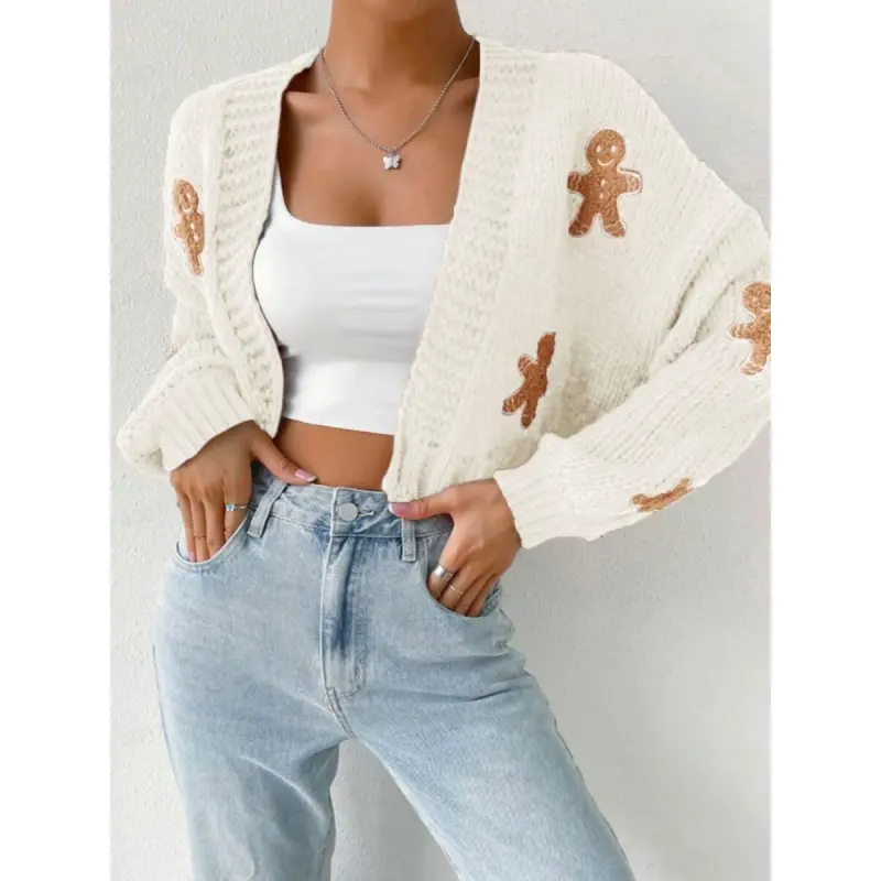 Women's Gingerbread Man Pattern Drop Shoulder V Neck Cropped Knit Cardigan Sweater For Winter Fall Long Sleeve Deep V Neck Loose Fit Christmas Theme