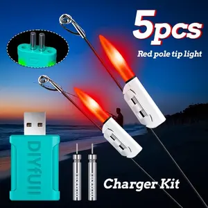 5pcs Fishing Rod Tip Light + Rechargeable Battery + USB Charger, Night Fishing Glowing Stick, High Quality Fish Attracting Lamp