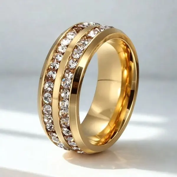 Tungsten Ring, Gold Tone Stainless Steel Men’s Wedding Ring, Multi-Element Double Crystal Engagement Band for Daily Wear, Birthday Gift, Father's Day, Mother's Day, Christmas party, Valentine