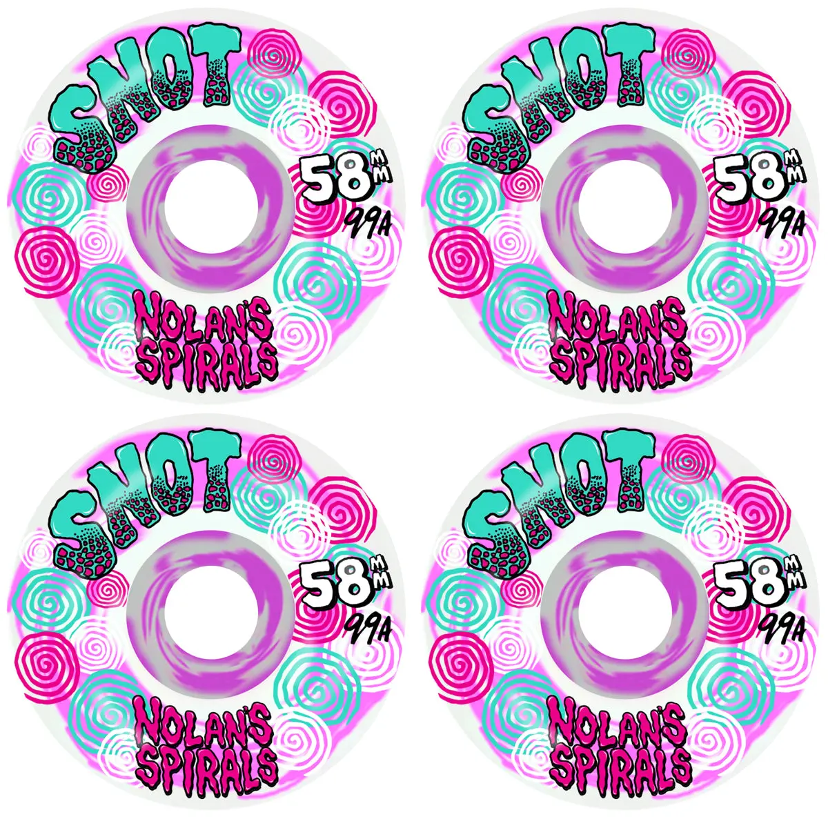 Snot Skateboard Wheels 58mm Nolan Houghton Spiral Wide Boys 99A Pink Swirl