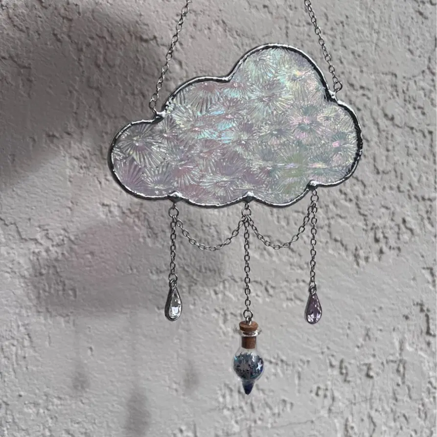 Stained Glass Iridescent Florentine Cloud Suncatcher with Raindrop Gems! Handmade Stained Glass Hanging Art Decoration to enchant your home!