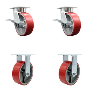 Heavy Duty Kingpinless Swivel Caster Set of 4 with 6 Inch Red Poly on Cast Iron Wheels and Ball Bearings - Includes 2 Swivel with Brakes and 2 Rigid - 4,800 lbs. Total Capacity - Service Caster Brand