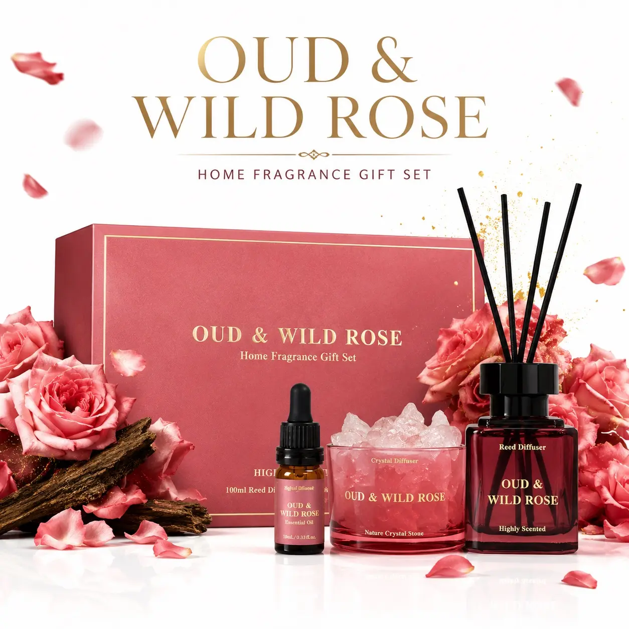 Oud & Wild Rose Reed Diffuser Gift Set – Luxury Home Fragrance with Crystal Stones & Essential Oil, Long Lasting Aromatherapy Room Freshener