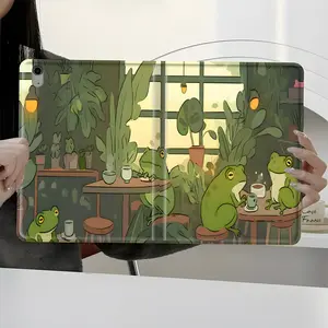 Funny Frogs Coffee Date iPad Case, Tablet Cover, Leaf Print Cover Protective Cover iPad Book-Style Case for iPad Pro 2024 2023 2022 2021, Full Protection and Pen Slot for Office and School Use, Gift for Family and Friends