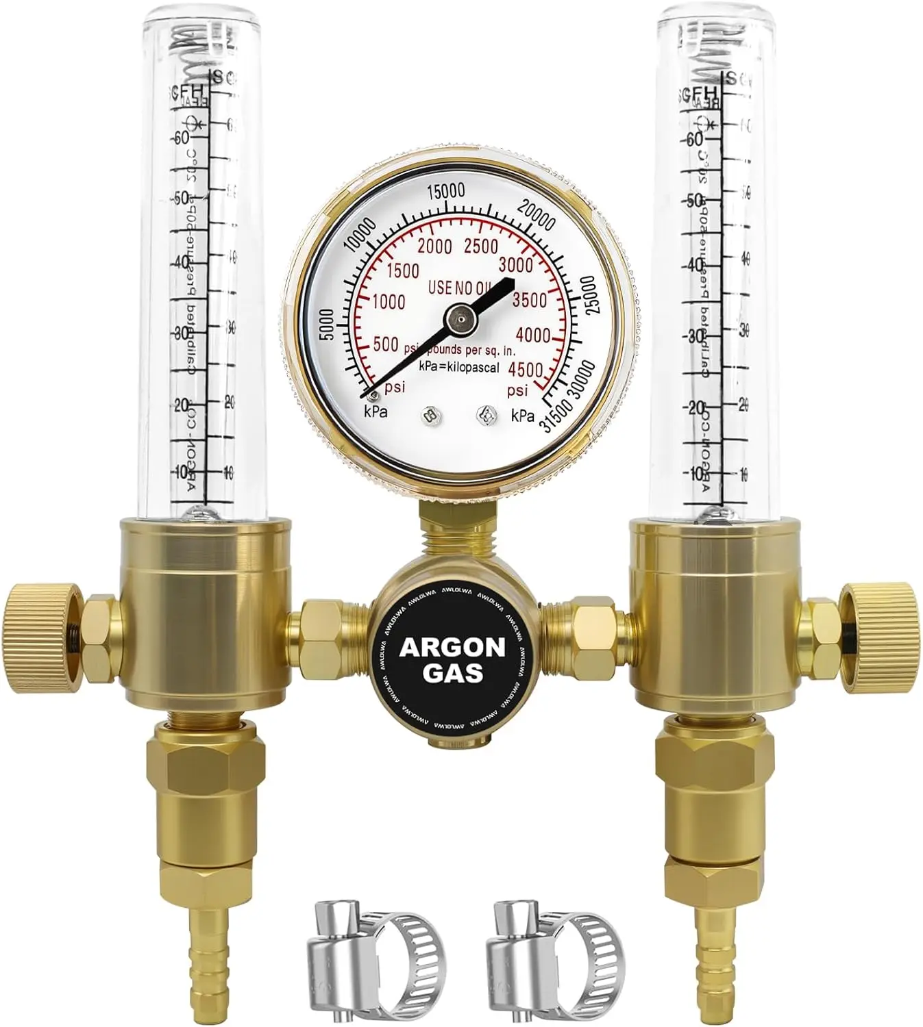 Dual Output Argon/CO2 Regulater Flowmeter for TIG MIG Welder 60 SFCH - CGA 580 Inlet Connection and 5/8" - 18RH Outlet Fitting