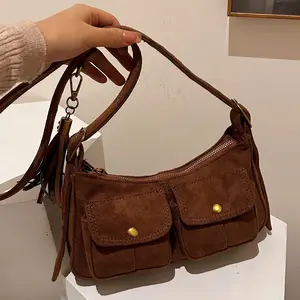 Vintage Gold-Plated Lock Multi-Pocket Single Shoulder Pillow Bag Retro Artistic Casual Wide Shoulder Strap Large haversack haversack Bag Blue crossbody bag