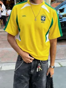 Men's Yellow-Green Brazil National Team Style Soccer T-Shirt, Retro Sporty Breathable Athletic Top, Suitable For Street Fashion And Daily Outings