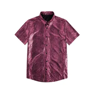 70s Sparkly Disco Top Crocodile Pattern Metallic Rave Button Down Shirt Short Sleeve Party T Shirt