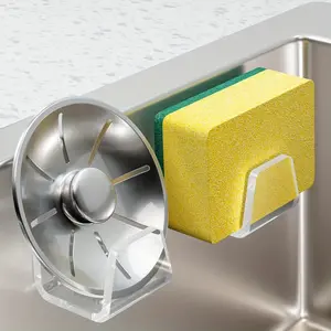 2-Pack acrylic kitchen sink sponge holder, drill-free & easy installation. Modern sleek design with efficient drainage. Multi-purpose storage for sponges, scrubbers and cloths, saving space and keeping the sink area tidy.
