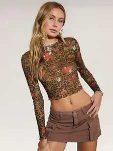 Sexy Leopard Print Transparent Mesh Long Sleeve T-Shirt, Elegant Style, No Lingerie Included, All Seasons Wear, Plain Pattern