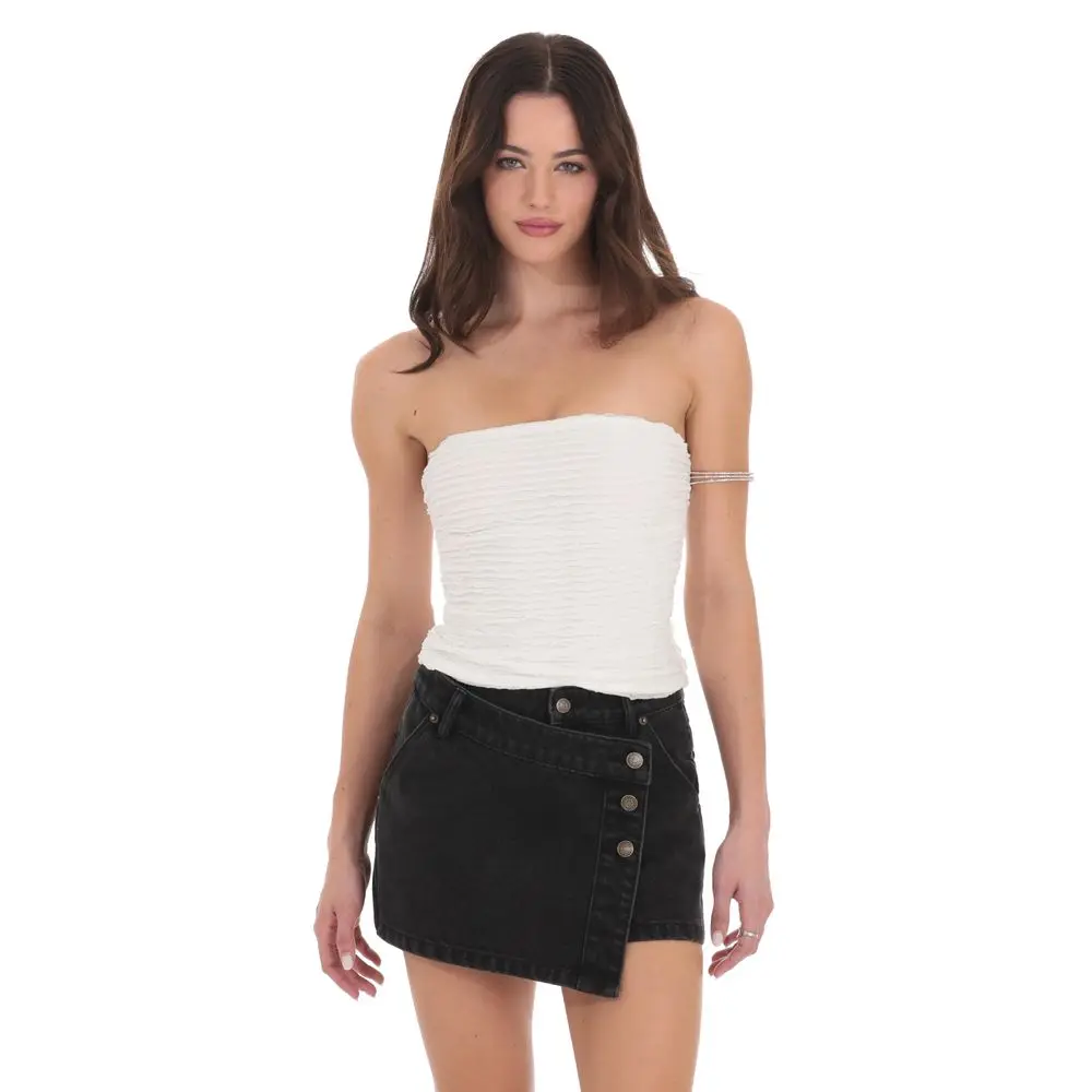 Overlap Button Denim Skirt in Black