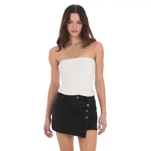 Overlap Button Denim Skirt in Black