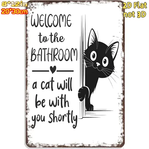 8x12in Vintage Black & White Cat Rust-Resist Galvanized Steel Plaque - "Welcome To The Bathroom" Funny Tin Sign, Bathroom Decorations, Pre-Drilled Holes, Retro Industrial Wall Art, Vintage Plaque Decor, Easy to Clean, Birthday Gift Option