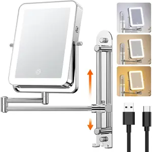 Height Adjustable Wall Mounted Lighted Makeup Mirror with Hooks, 3000mAh Rechargeable with 1X/10X Magnification, 3 Light Colors and Stepless Dimming for Bathroom