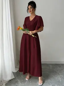 Women's Elegant V-Neck Long Dress, Fitted Waist Design, Short Sleeves, Solid Pattern, Polyester Fiber Material, Perfect for Casual Wear, Elegant Plus Size, Modest Style