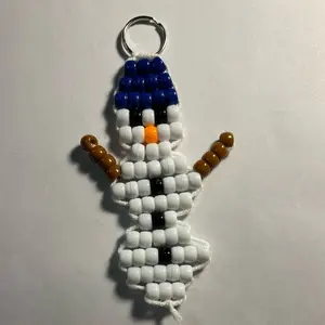 Christmas Snowman Beaded Keychain - Sleigh Design with Blue Hood, Orange Nose, and Brown Accents
