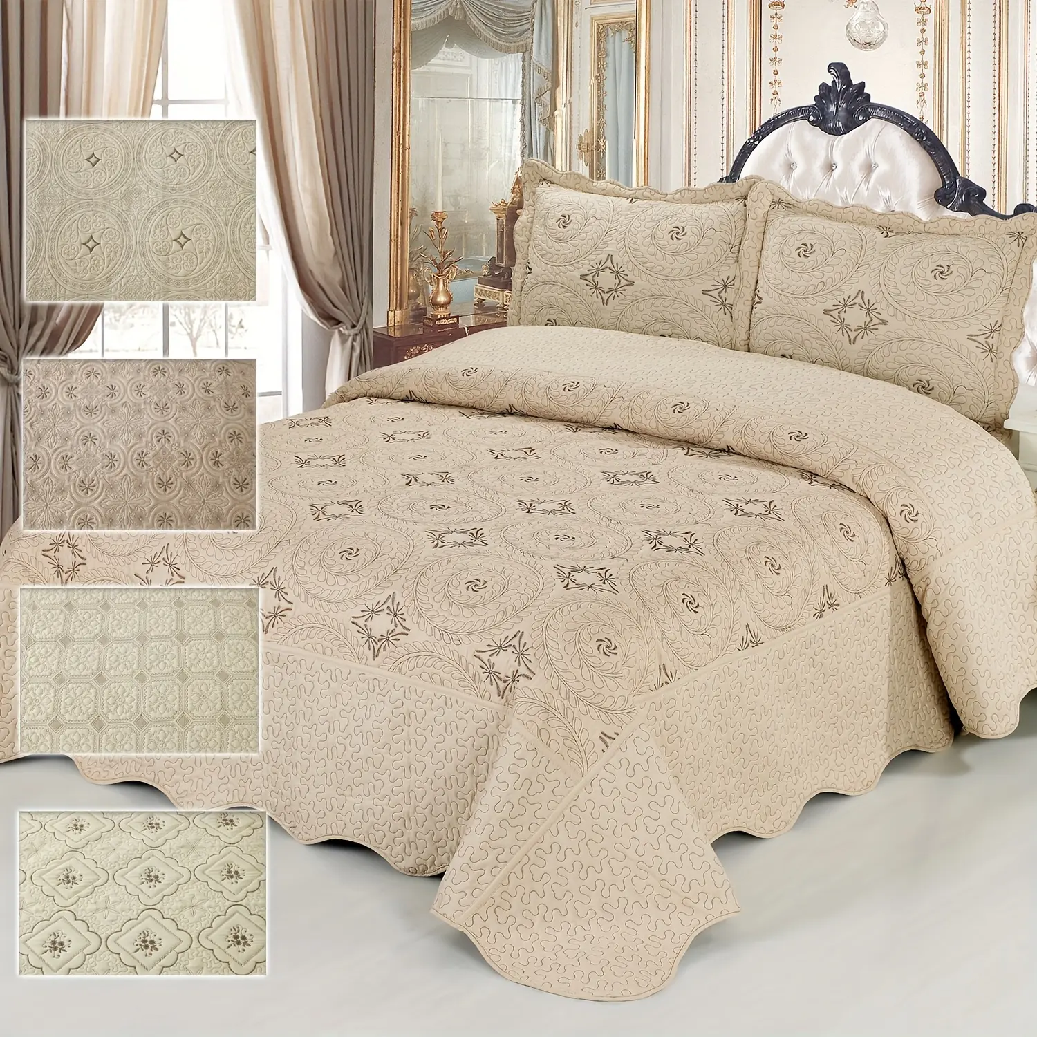 3pcs Luxury Elegant Floral Embroidered Pattern Bedspread Set (1*Bedspread + 2*Pillowcase Without Filler), Soft Breathable And Comfortable Bedding Set For Bedroom Dorm Room Decor