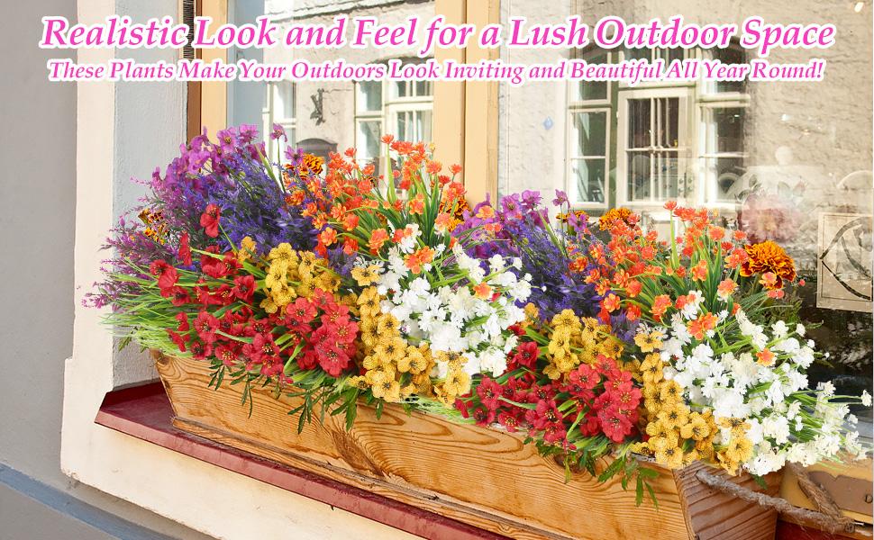 18 Bundles Artificial Flowers for Outdoors, UV Resistant Realistic Fake Summer Flowers with Faux Lavender Plants for Outside Porch Window Box Planters Home