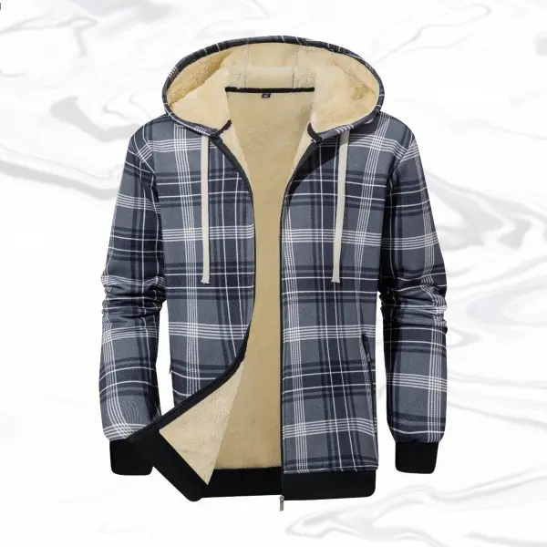 Men's Casual Fashion Jacket, Hooded Plaid Fleece Outerwear with a Soft Lining and Adjustable Drawstring Hood, Smooth, Tops, Vintage, Zipper, Long Sleeve, Knitting