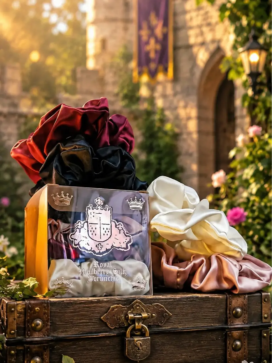 The Armored Kingdom Maiden's Tie Mulberry Silk Scrunchies 4-Pack - Royal Hues Solid Color, Ultra Soft with Strong Elastic Core for Ponytail Hairstyle, Includes Personalized Scroll Crown Keychain Bottle Opener, Pigtails, Solid Color Scrunch, Tie Up Back