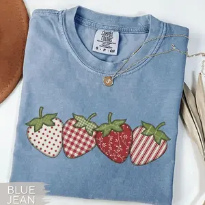 Strawberry Faux Patchwork Vintage Comfort Colors T-Shirt, Strawberry Cottagecore Graphic Tee, Summer Fruit Aesthetic Shirt, Retro Strawberry T-Shirt, Comfort Colors Graphic Tee