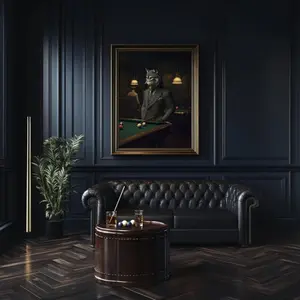 Stylish Wolf Playing Pool Wall Art - Quirky Animal in Suit with Billiards Scene, Perfect for Game Rooms and Rustic Home Decor - No Frame