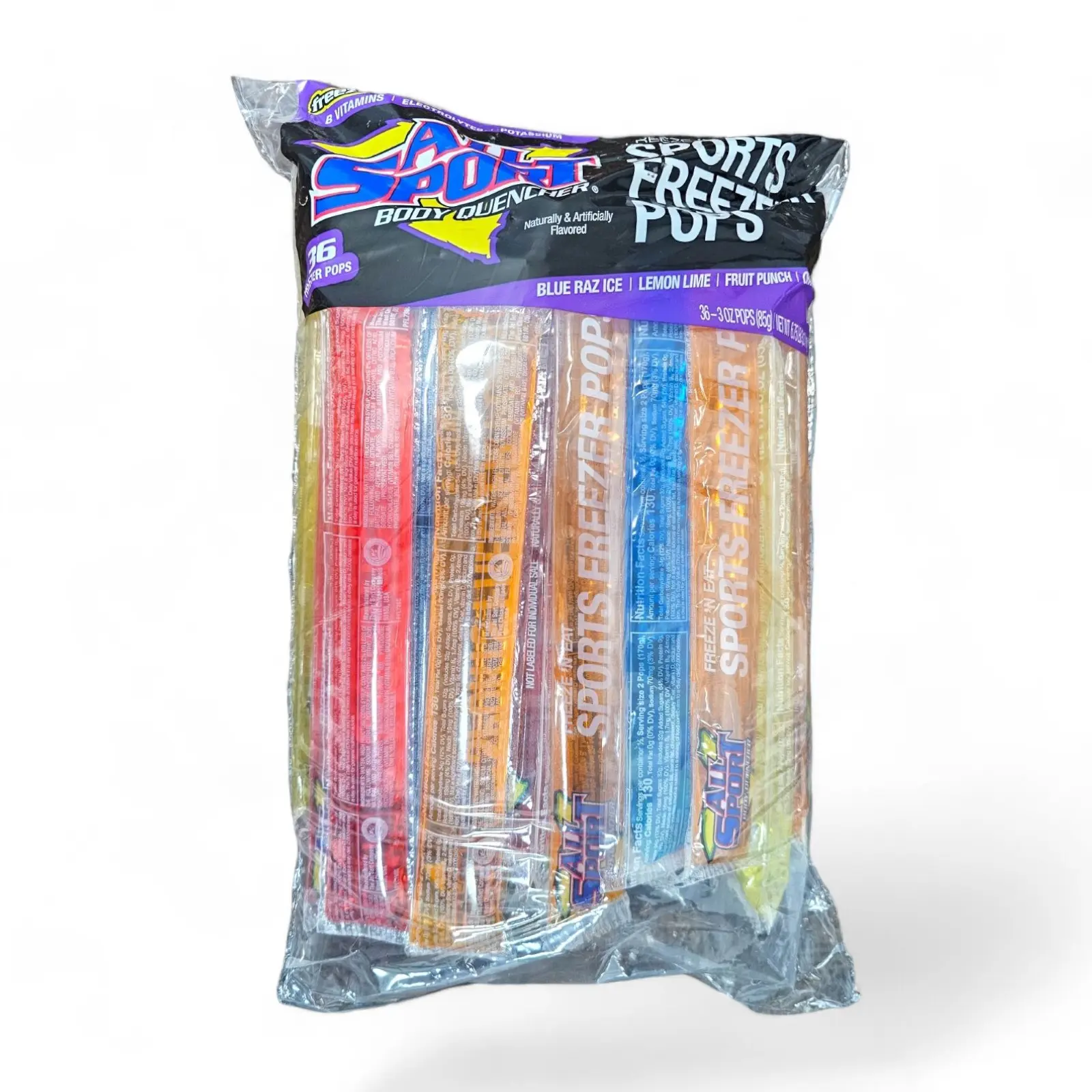 All Sport Electrolyte-Infused Lemon Fruit Ice Pops - 36-Pop Variety Pack, 3 oz., Vitamin-Infused Sports Beverage for Frozen Storage