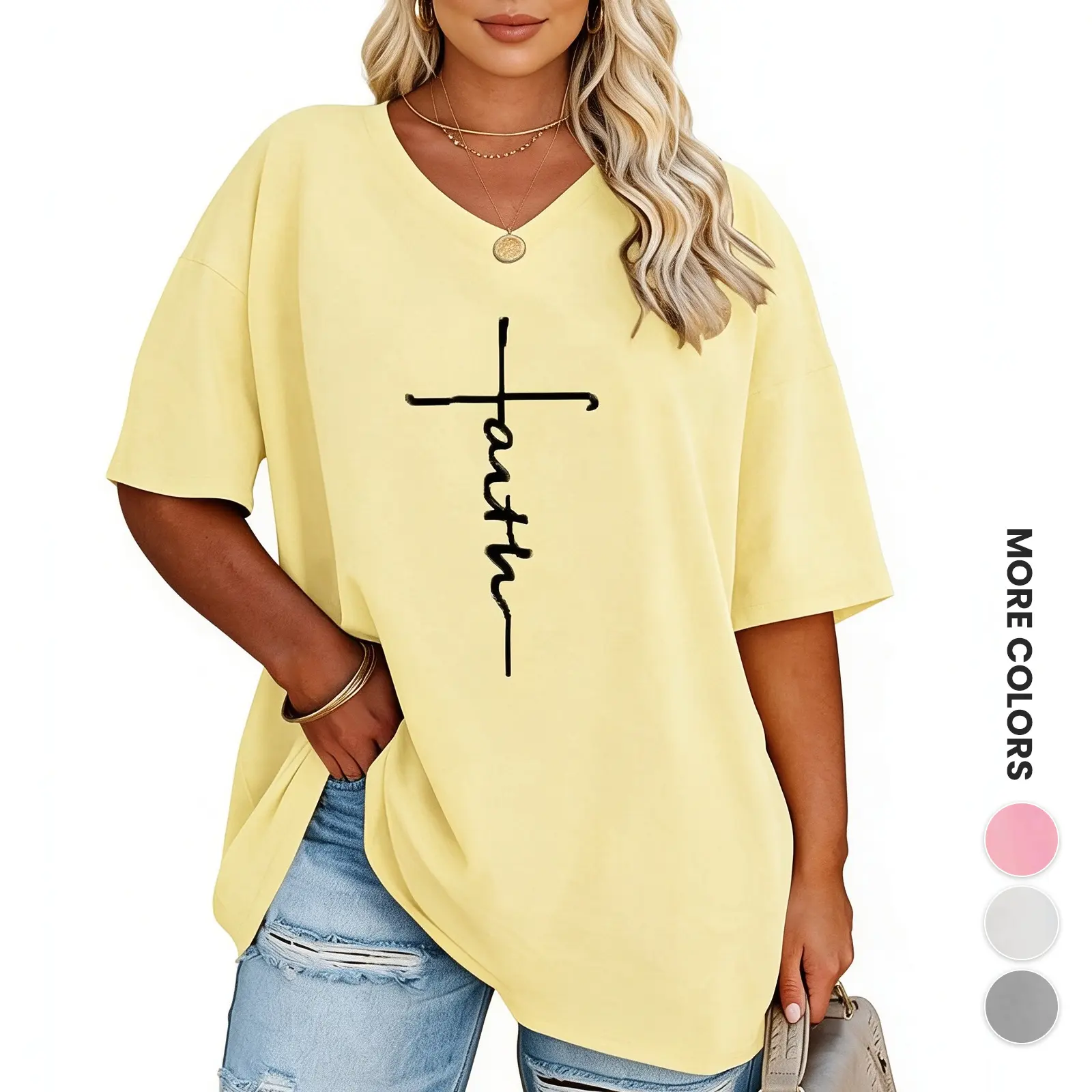 Wodubu Women's Plus Size V-Neck Short-Sleeve Baggy Casual T-Shirt - Letter-Print Streetwear Loose-Fit Basic Summer 1-Piece Womenswear Top, Oversize