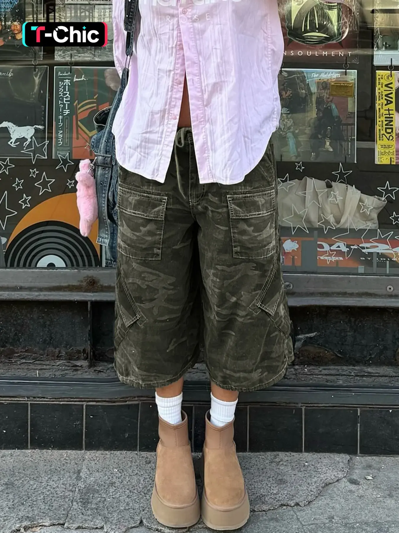 Vintage Washed Camo Camouflage Baggy Cargo Pocket Jorts, Y2K 