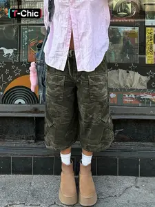 Vintage Washed Camo Camouflage Baggy Cargo Pocket Jorts, Y2K Grunge Aesthetic Wide-Leg Casual Drawstring Shorts, Casual Streetwear Bottoms, Perfect for Record Store Runs & Festival