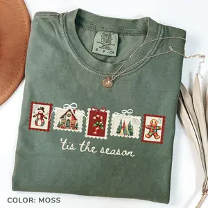 Comfort Colors Winter Stamp Tshirt, Patchwork Christmas Stamps, Coquette Christmas T-shirt, Winter Stamp T-shirt