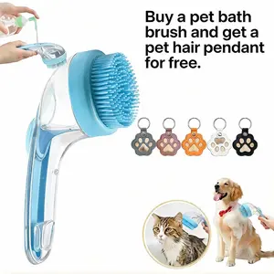 Pet Bath Brush 2 in 1 with Built-in Shampoo Dispenser | Multi-functional Grooming Brush for Long & Short Haired Dogs & Cats | Bonus Random Color Cat & Dog Paw Print Keychain Included