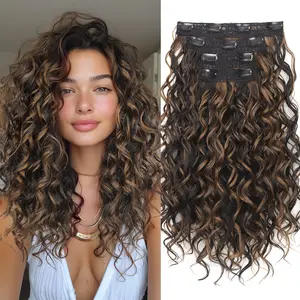 Summervibes Curly Clip in Hair Extensions, 4Pcs 16 inch Curly/Wavy Hair Extensions Clip ins - Lace Weft Soft Natural Hairpieces for Women (Chocolate Brown with Dark Brown)