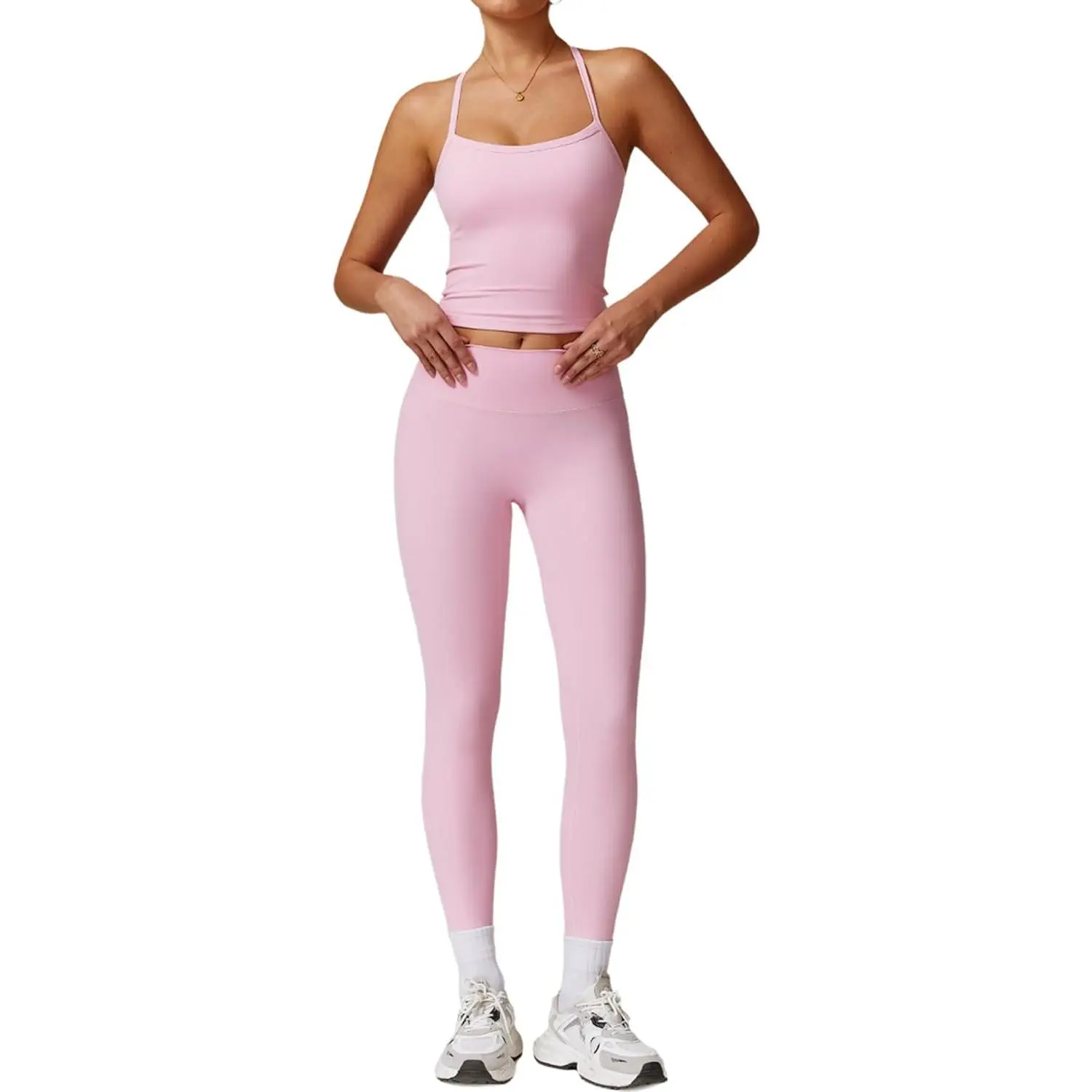 Womens Workout Sets Two Piece Cross Back Tank Top Matching High Waist Leggings Sets Gym Outfits Work Out Clothes