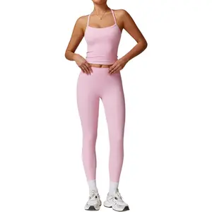 Womens Workout Sets Two Piece Cross Back Tank Top Matching High Waist Leggings Sets Gym Outfits Work Out Clothes