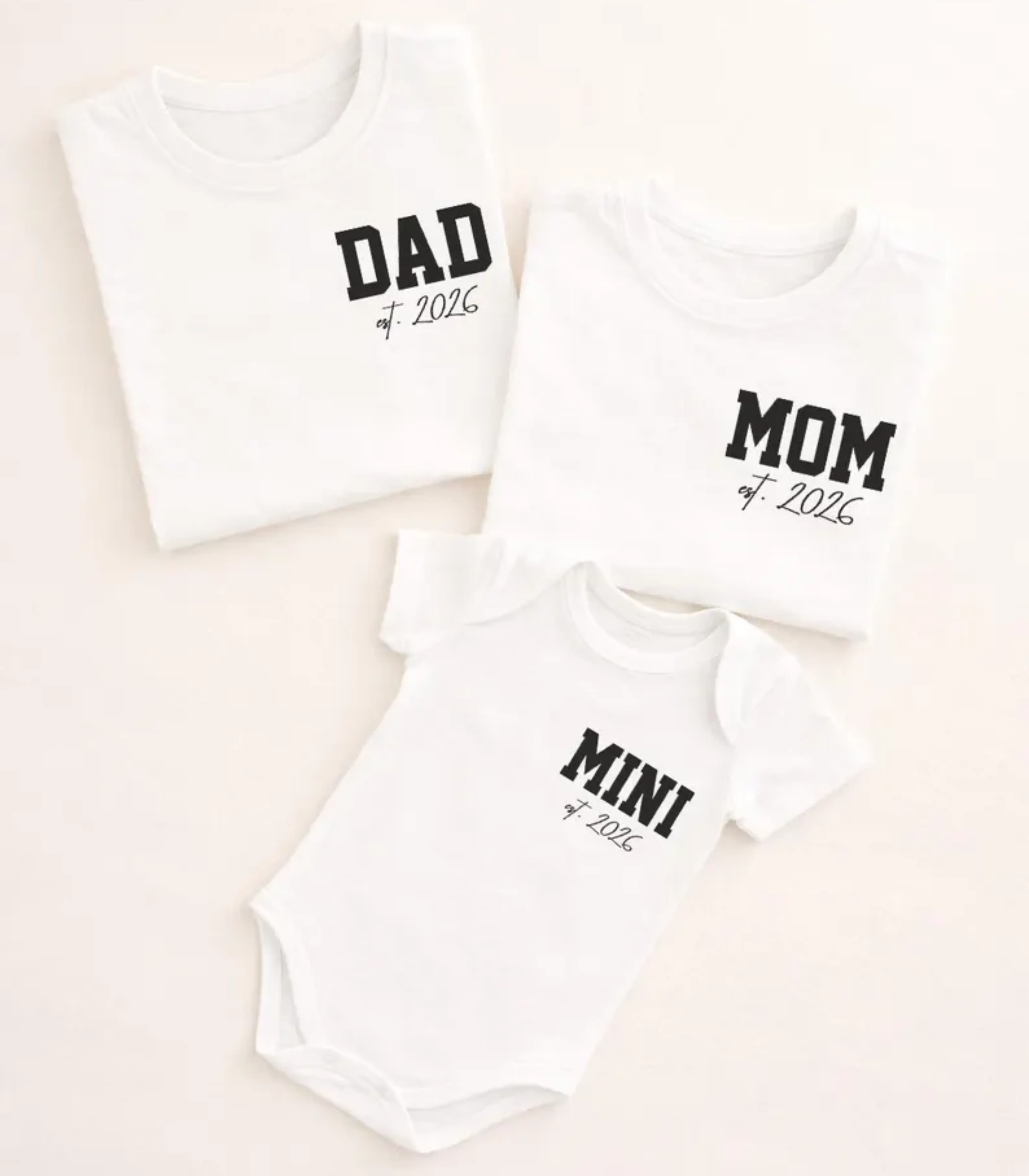 Matching Family Fabric Garments - Dad Est 2026 Fitted T-Shirt, Mom Est 2026 T-Shirt, Mini Fitted Bodysuit, Pregnancy Announcement Outfit, New Parents Everyday Gift Set, Sarcastic Novelty Bottom-Compatible Ensemble