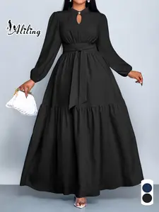 Women's Elegant Fall Winter Plus Size Dress, High Waist Long Sleeve Cut Out Design, Casual Wear Plain Color Fitted Dress, Womenswear