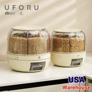 UFORU US Stock Modern Plastic Cereals Storage Rotating Dispenser 360° Large Airtight Rice Container Food Storage Box With Lid For Kitchen Pantry Organization