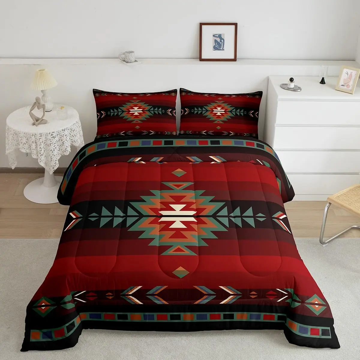 Feelyou Luxurious Southwest Native Designer Bedding Set - Geometric Design Bedding Sets, Ethnic Duvets, Native Art Duvets with Unique Southwestern Tribal Red Green Soft Microfiber Comforter