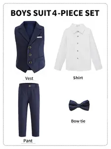 Boys' Elegant 4-Piece Formal Suit (Shirt + Lapel Vest + Elastic Waist Trousers + Striped Tie) 5 Colors Available, Sizes 100-150cm, Slim Fit for Weddings, Parties & Performances