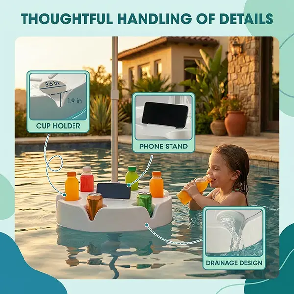 PoolBar cup holders phone stand and drainage design detail