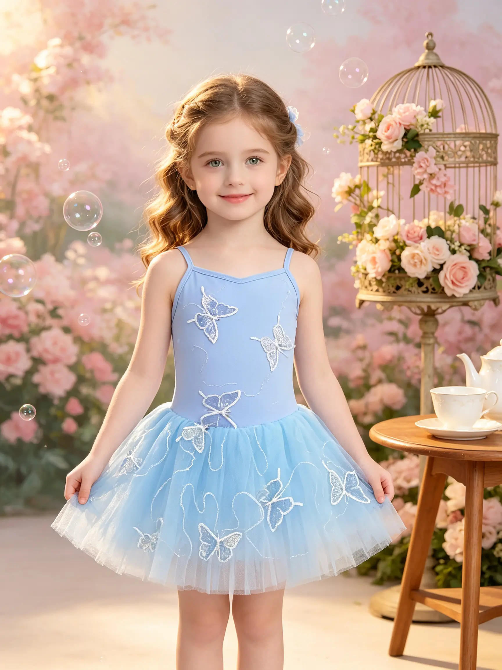Light Blue Thin Spaghetti Strap Girls Unitard Kids Butterfly Stitch Mesh Ballet Tutu Sleeveless Toddler Little Girls Dance Party One Piece Outfit