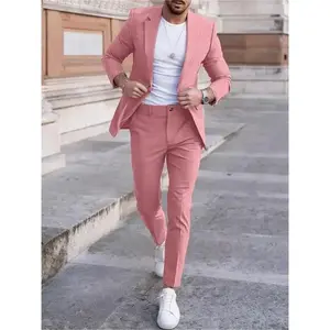 Men's Solid Color Blazer & Pants Two-piece Set, Slim Business Formal Suit Set for Work Office, Men's Spring & Fall Clothes Baby Pink Beige Menswear Long Sleeve