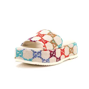Pre-owned Gucci Women's Angelina Platform Slide Sandals Multicolor GG Linen by Rebag